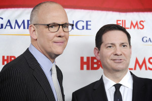 Co-authors John Heilemann, left, and Mark Halperin attend the premiere of HBO Films' "Game Change" at the Ziegfeld Theatre on Wednesday, March 7, 2012 in New York. (AP Photo/Evan Agostini)